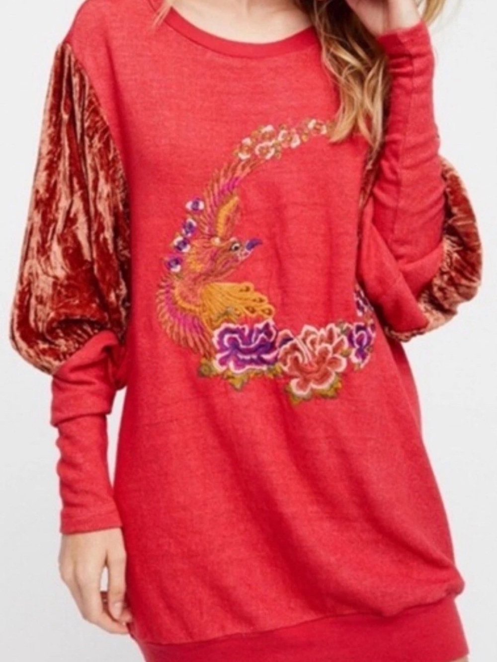 Free people night bird embroidered velvet sleeve tunic top size s